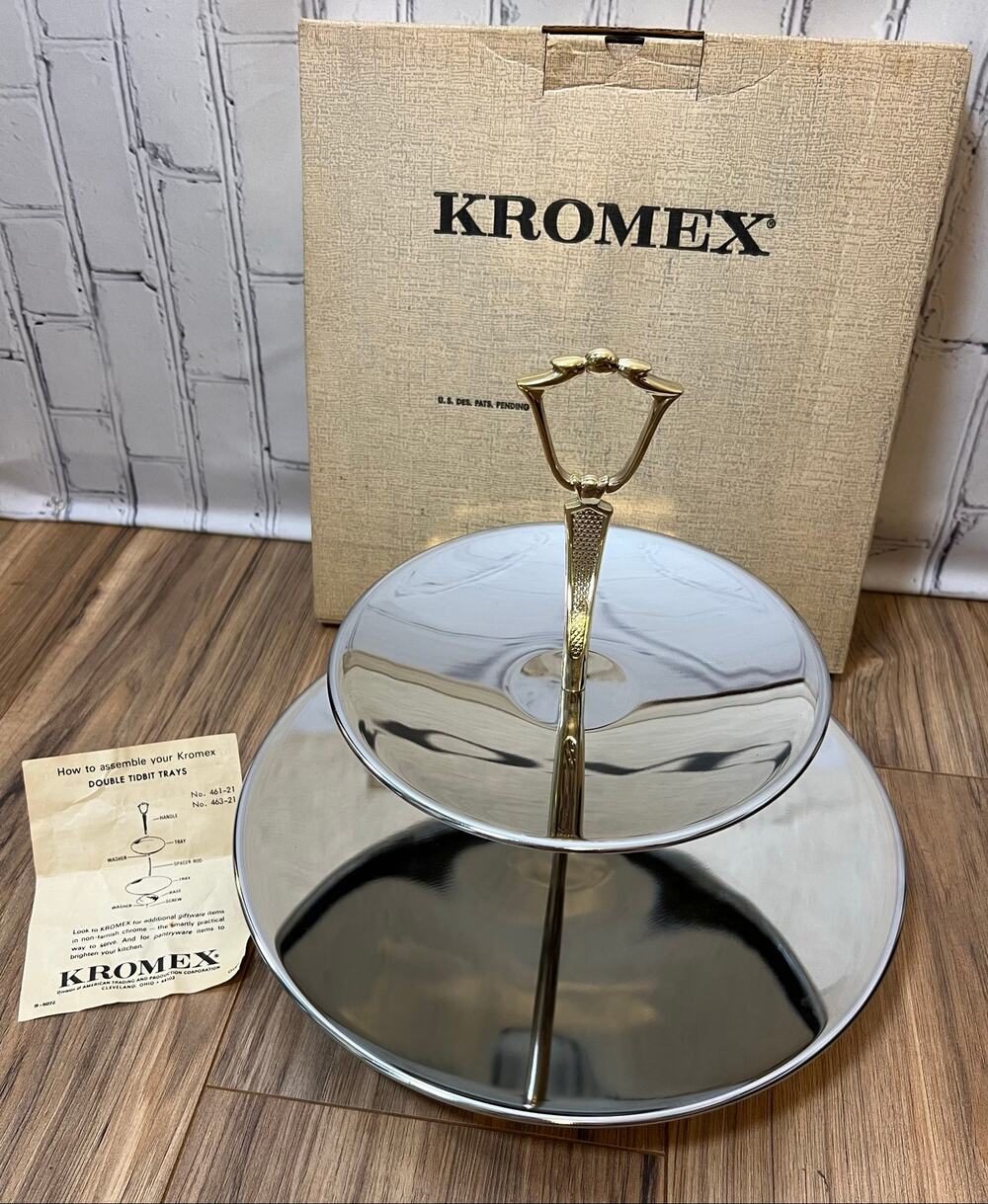 Vintage Kromex 463-21 Tutier Tidbit 2 Tier Chrome Serving Tray Gold Handle MCM